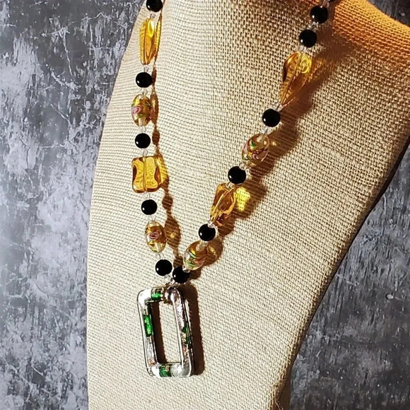 Lampwork Glass Black Amber Clear Geometric Pendant Handcrafted Necklace - Picture 5 of 12
